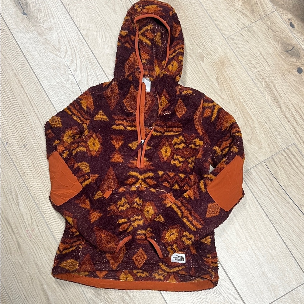 The North Face Orange and Brown fleece Patterned Hoodie